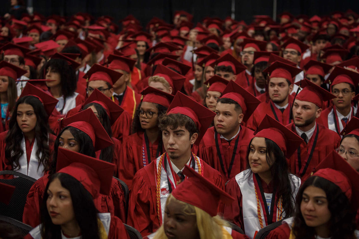 Palm Beach Central Community High School students prepare for graduation ceremonies at the South Florida Fairgrounds and Expo Center in unincorporated Palm Beach County, on May 16, 2024.