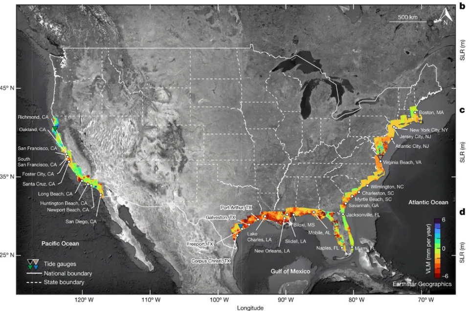 A map showing the projection for the average elevation change of coastal lands by 2050 in millimeters per year.