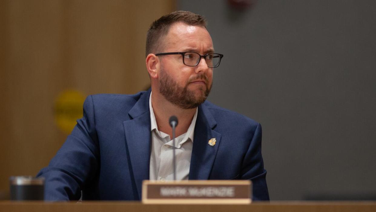 Coun. Mark McKenzie, who represents Ward 4, attends a Windsor city council meeting on Aug. 8, 2023. (Dax Melmer/CBC - image credit)