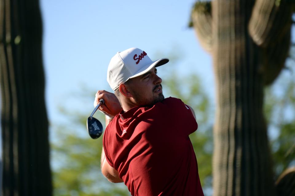 OU golfer Quade Cummins tees off on the second hole Sunday during the NCAA Men's Golf Championship at Grayhawk Golf Club in Scottsdale, Ariz.