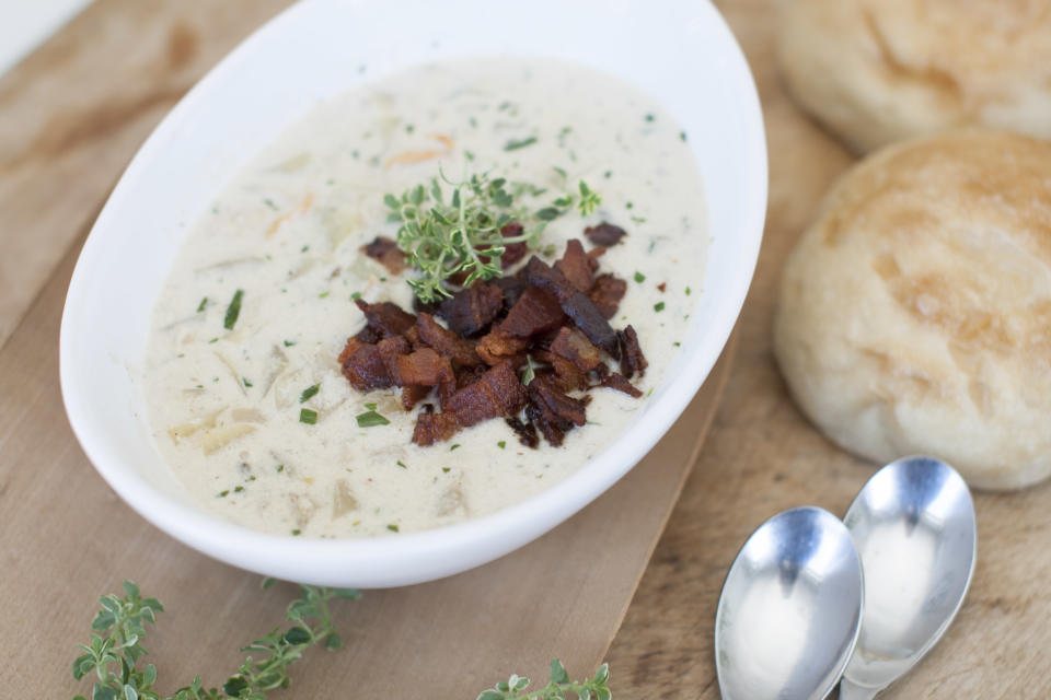 This March 24, 2014 photo shows tarragon fennel clam chowder in Concord, N.H. (AP Photo/Matthew Mead)