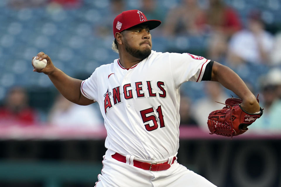 Los Angeles Angels starting pitcher Jaime Barria throws to the Texas Rangers during the first inning of a baseball game Monday, Sept. 6, 2021, in Anaheim, Calif. (AP Photo/Marcio Jose Sanchez)