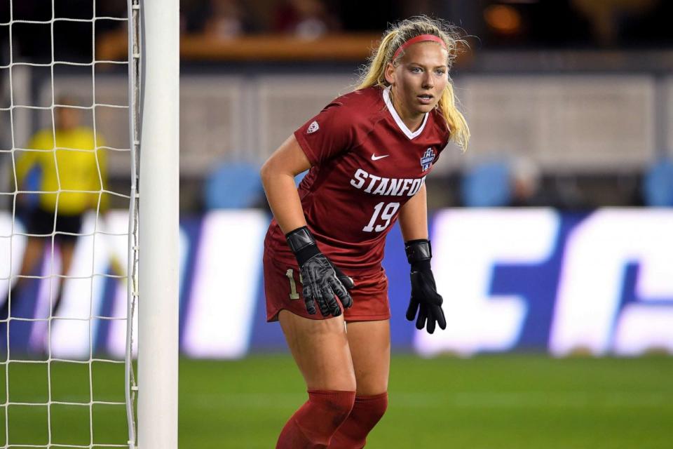 PHOTO: Katie Meyer of the Stanford Cardinal defends the goal against the North Carolina Tar Heels during the Division I Women's Soccer Championship held at Avaya Stadium, Dec. 8, 2019 in San Jose, Calif. (NCAA Photos via Getty Images, FILE)