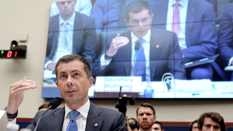 Transportation Secretary Pete Buttigieg, left, testifies during a House Committee on Transportation and Infrastructure oversight hearing of the Department of Transportation's policies and programs and fiscal year 2025 budget request, Thursday, June 27, 2024, on Capitol Hill in Washington.