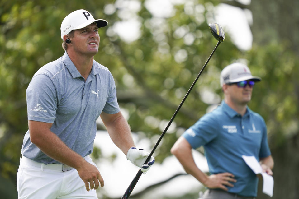 Bryson DeChambeau watches his shot off the second tee during practice before the U.S. Open Championship golf tournament at Winged Foot Golf Club, Monday, Sept. 14, 2020, in Mamaroneck, N.Y. (AP Photo/John Minchillo)