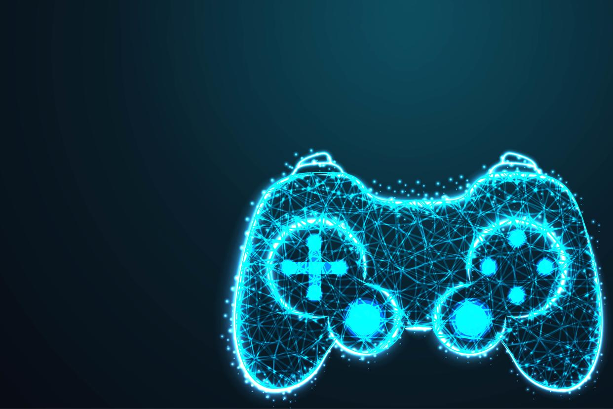 Video game controller icon on navy background.