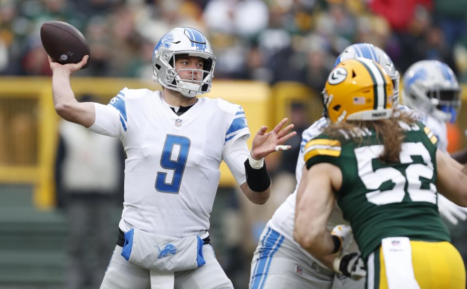 CORRECTS TO REMOVE SCORE- Detroit Lions' Matthew Stafford throws during the first half of an NFL football game against the Green Bay Packers Sunday, Dec. 30, 2018, in Green Bay, Wis. (AP Photo/Matt Ludtke)