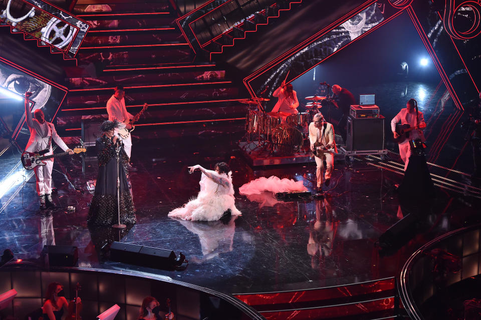 <p>SANREMO, ITALY - MARCH 05: Fiorello, Achille Lauro and Boss Doms are seen on stage during the 71th Sanremo Music Festival 2021 at Teatro Ariston on March 05, 2021 in Sanremo, Italy. (Photo by Jacopo Raule / Daniele Venturelli/Getty Images)</p> 