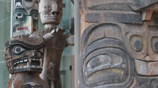 Totems and carvings on display at the Museum of Anthropology in December 2018.  (Rafferty Baker/CBC - image credit)