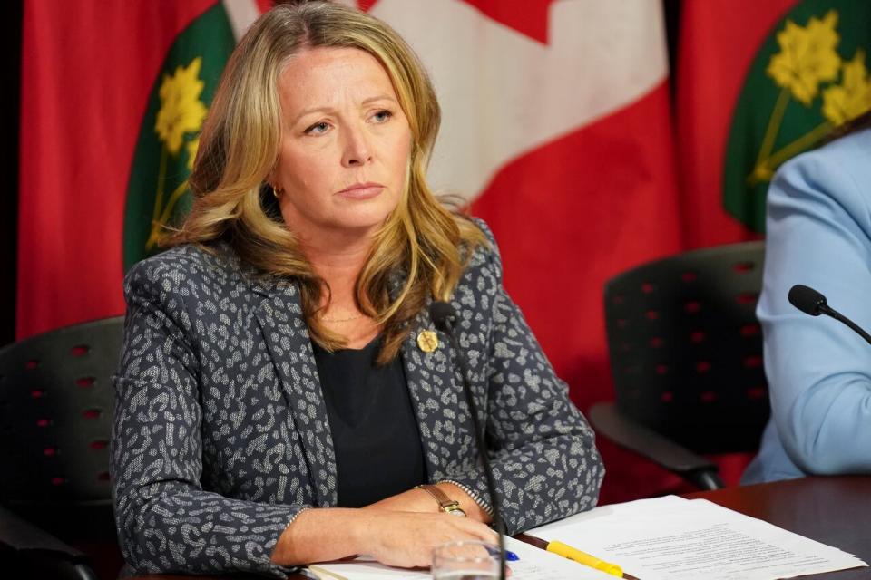 Marit Stiles, Leader of the Official Opposition of Ontario speaks to the media during a press conference following the release of the Auditor General’s Special Report on Changes to the Greenbelt, at Queens Park, in Toronto, Wednesday, Aug. 9, 2023.