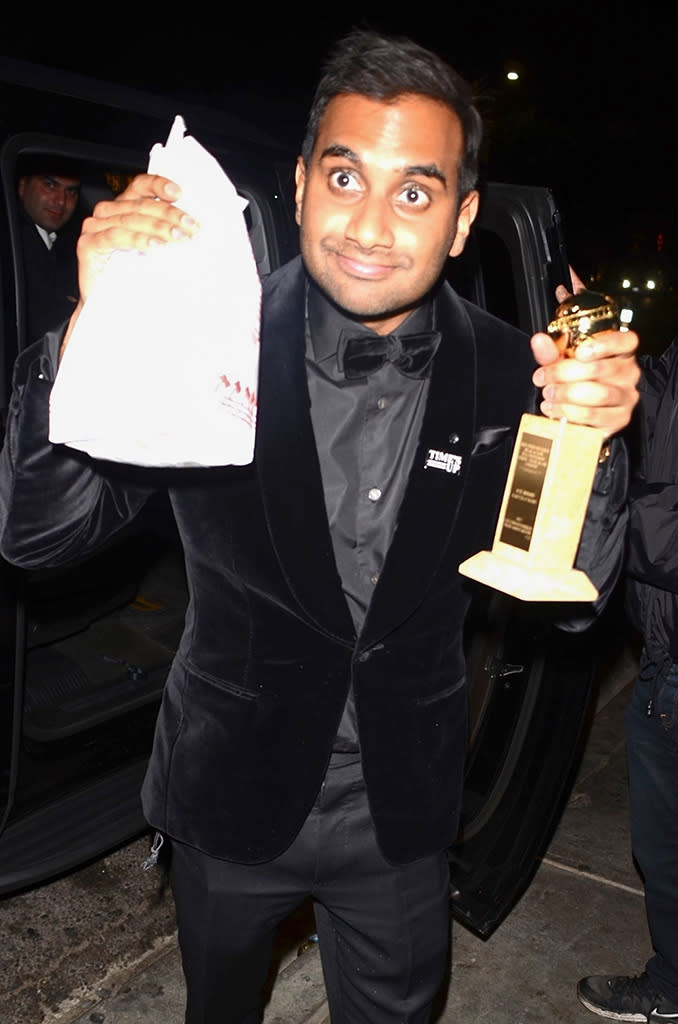 <p>Priorites! Before heading out to celebrate his Golden Globe win for Best Performance by an Actor in a Television Series — Musical or Comedy, the <em>Master of None</em> star had to get his In-N-Out burger fix. (Photo: Dave L./ BackGrid)<br><br></p>