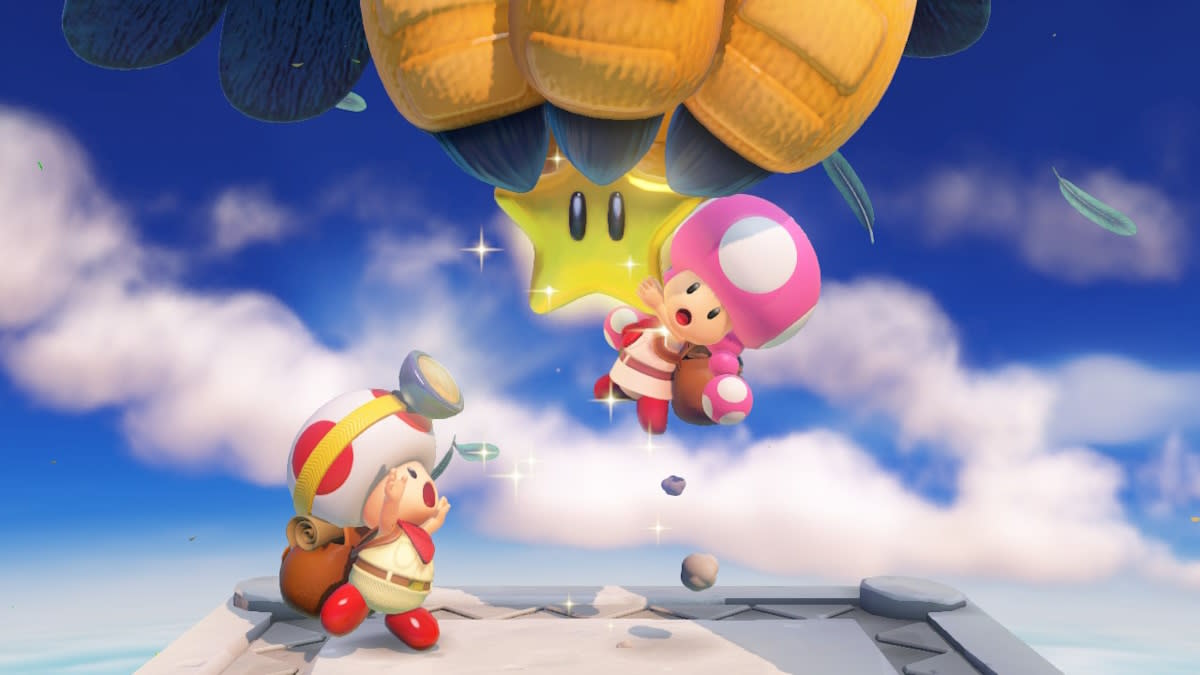  Screenshot featuring Toad and Toadette from the Wii U version of Captain Toad: Treasure Tracker. 