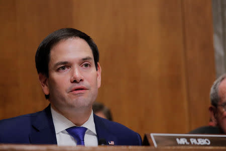 U.S. Sen. Marco Rubio (R-FL) asks a question of U.S. Secretary of State Mike Pompeo during Pompeo's appearance before a Senate Foreign Relations Committee hearing on Capitol Hill in Washington, U.S., July 25, 2018. REUTERS/Lucas Jackson/File Photo