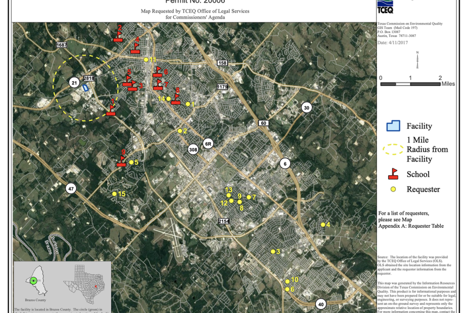 A 2017 map produced by the TCEQ executive director shows the 1-mile radius around a proposed industrial facility in Bryan, as well as the locations of schools and citizens who requested a hearing to protest the facility's permit.