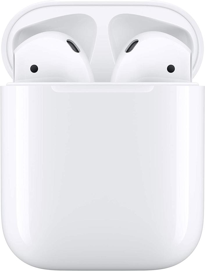 Apple AirPods (2nd Generation) in white case with two headphones on white background