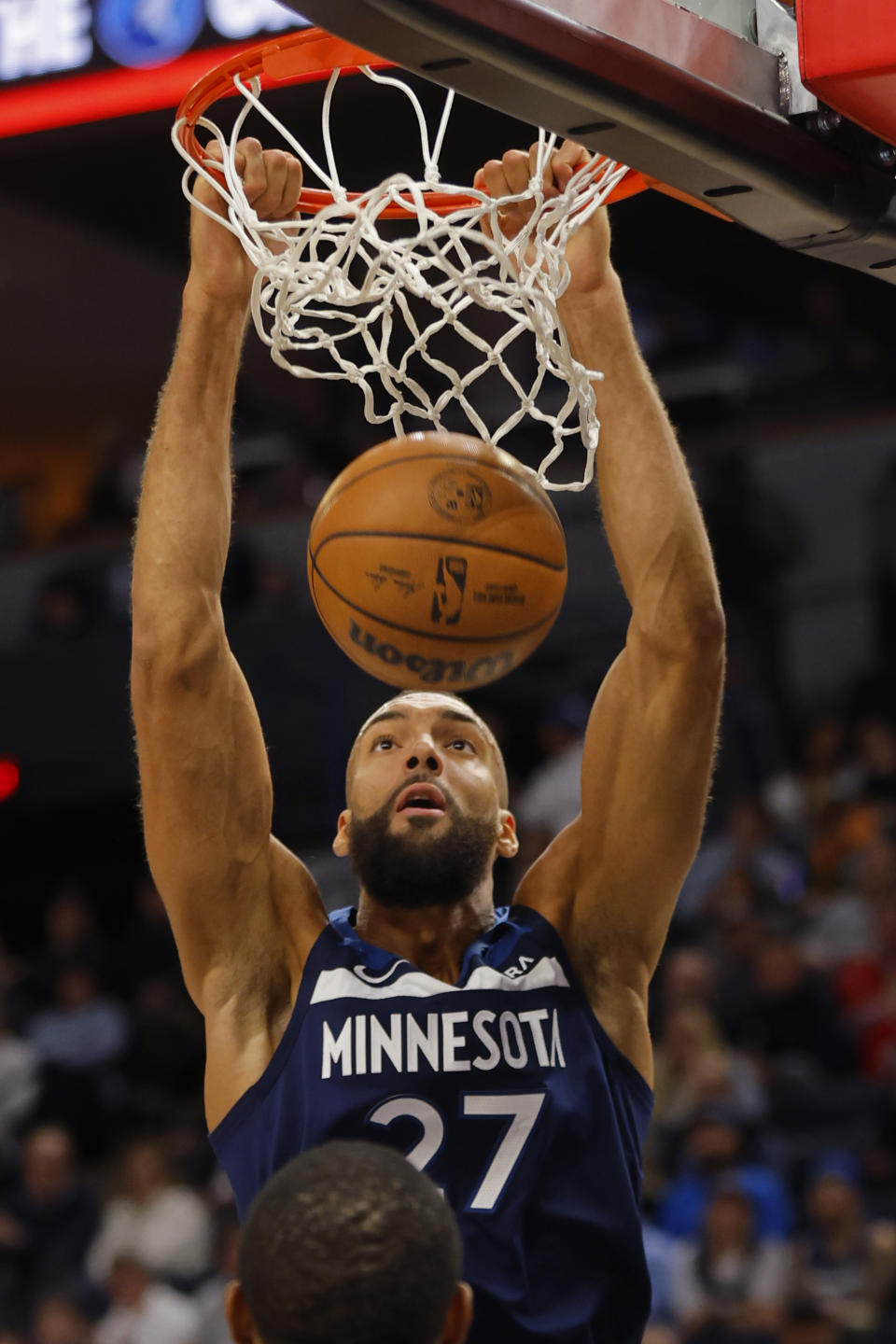 Minnesota Timberwolves center Rudy Gobert dunks against the Portland Trail Blazers in the first quarter of an NBA basketball game, Monday, March 4, 2024, in Minneapolis. (AP Photo/Bruce Kluckhohn)