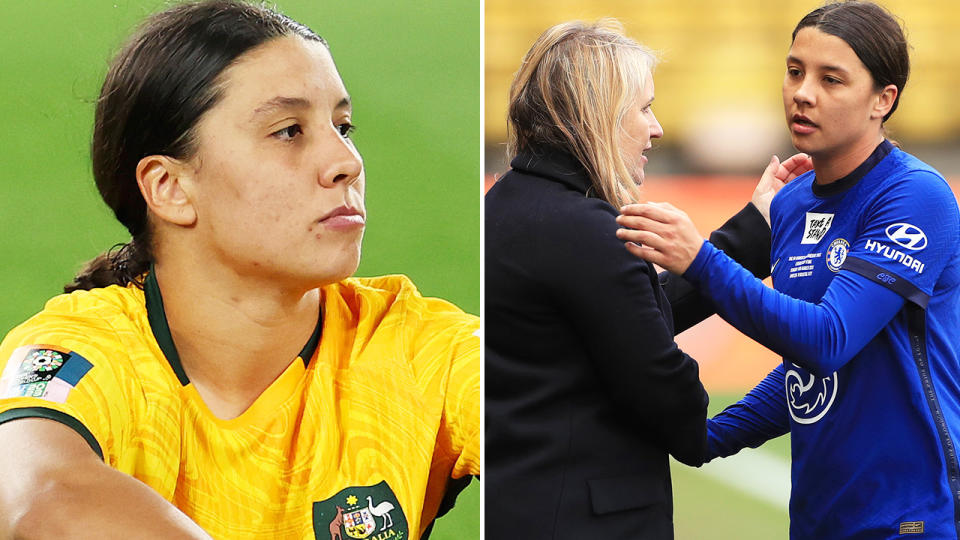 Sam Kerr, pictured here with Chelsea manager Emma Hayes.