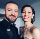 <p><span>Timberlake, wearing a Time’s Up pin, posed with his wife, Jessica Biel. “Here we come!! And DAMN, my wife is hot! </span><span>#TIMESUP #whywewearblack” </span>(Photo: <a rel="nofollow noopener" href="https://www.instagram.com/p/BdqlTgtBbYJ/?hl=en&taken-by=justintimberlake" target="_blank" data-ylk="slk:Justin Timberlake via Instagram;elm:context_link;itc:0;sec:content-canvas" class="link ">Justin Timberlake via Instagram</a>) </p>