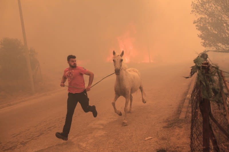 A farmer rushes to evacuate his horse during a wildfire in Fyli, Greece, on August 22. File Photo by Kostas Tsironis/EPA-EFE