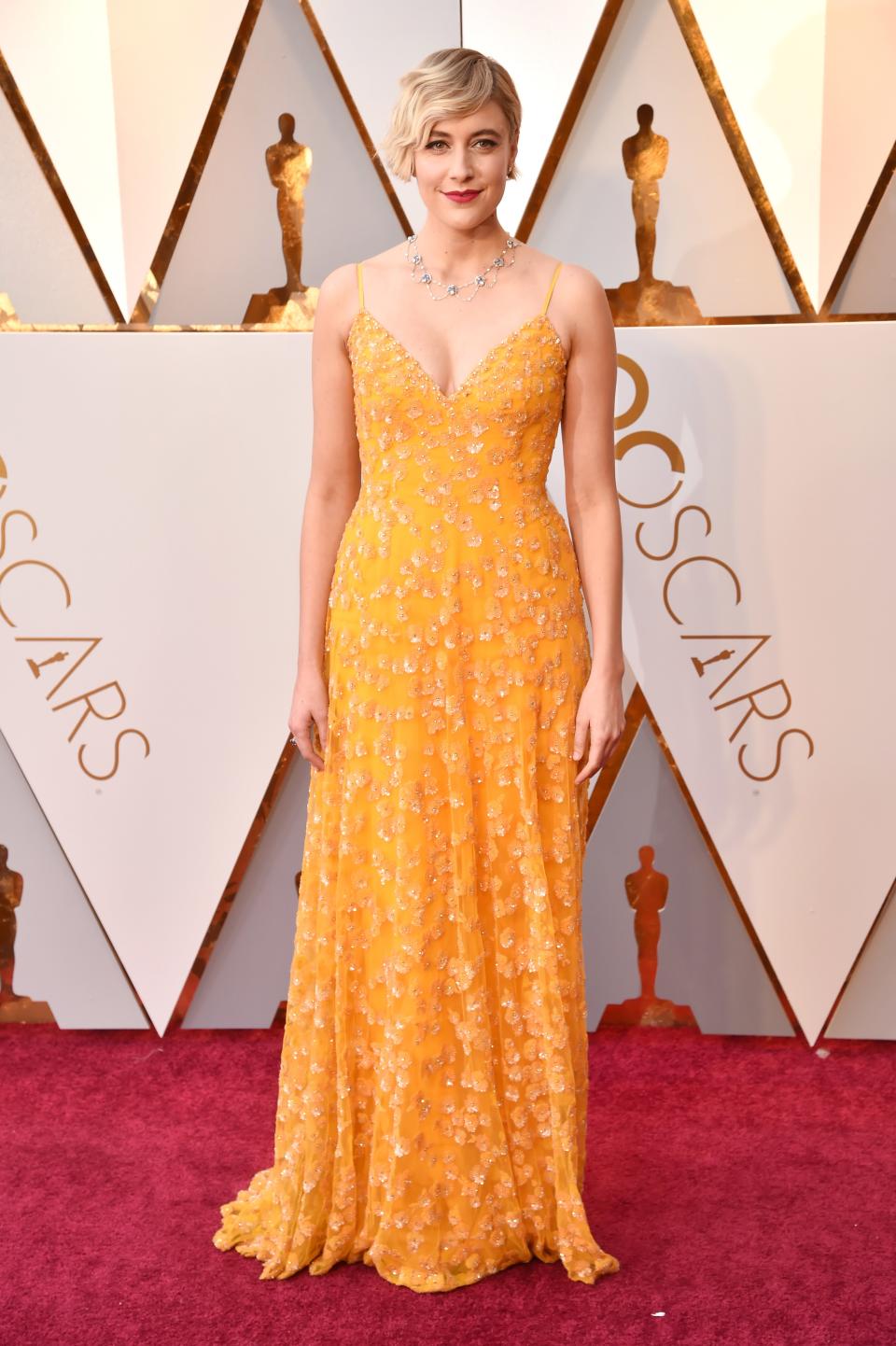 Greta Gerwig in Rodarte and Tiffany & Co. jewelry