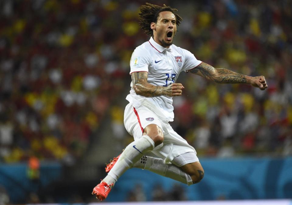 US midfielder Jermaine Jones celebrates after scoring during a Group G football match between USA and Portugal at the Amazonia Arena in Manaus during the 2014 FIFA World Cup on June 22, 2014. (AFP Photo/Odd Andersen)