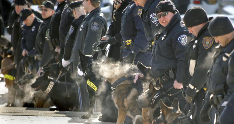 Police officers line the edge of a funeral procession for a Pittsburgh police dog with their K9 partners as they stand in line on Friday, Feb. 7, 2014, in Pittsburgh. Rocco, a Pittsburgh police K9, was an 8-year-old German shepherd that died Jan. 30, two days after being stabbed by a fugitive suspect during an arrest. (AP Photo/Keith Srakocic)