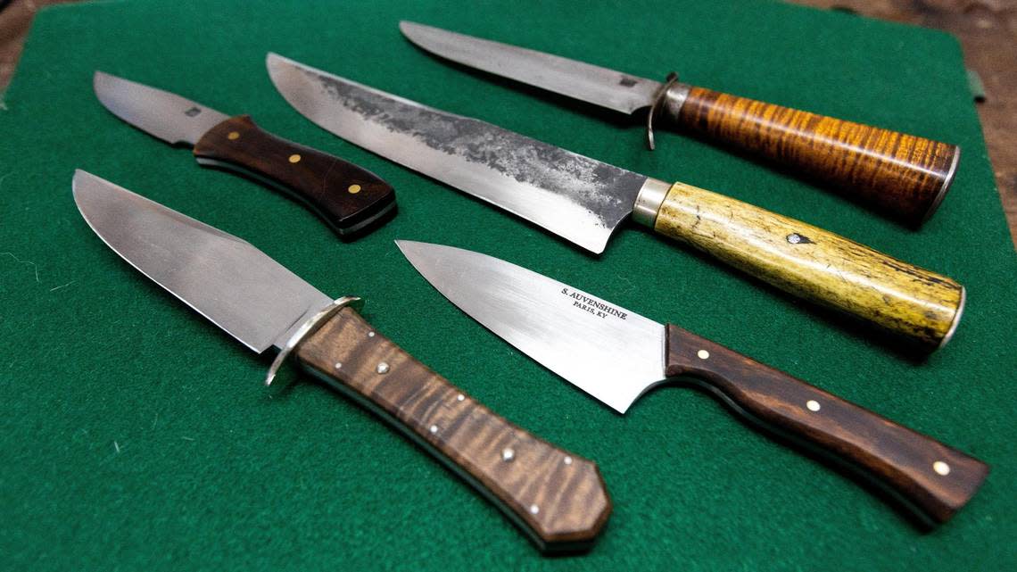 Several knives made by Steve Auvenshine of Bourbon County, who specializes in custom hand crafted knives made for several popular movies.