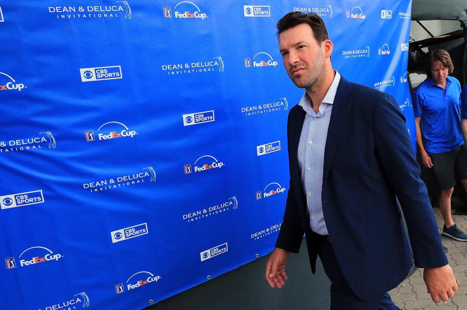 FORT WORTH, TX - MAY 27:  Former Dallas Cowboys quarterback and on-air talent Tony Romo exits the broadcast booth during Round three of the DEAN & DELUCA Invitational at Colonial Country Club on May 27, 2017 in Fort Worth, Texas.  (Photo by Tom Pennington/Getty Images)