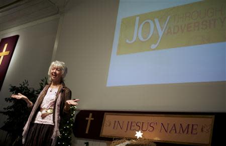 Terri Roberts, the mother of Amish school shooter Charles Roberts, speaks at New Covenant Community Church in Delta, Pennsylvania on December 1, 2013. REUTERS/Mark Makela