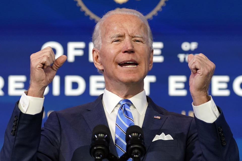 President-elect Joe Biden speaks about the COVID-19 pandemic during an event at The Queen theater, Thursday, Jan. 14, 2021, in Wilmington, Del. (AP Photo/Matt Slocum)