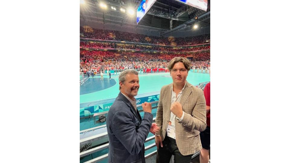 King Frederik and Crown Prince Christian celebrate Denmark's win at the Olympics