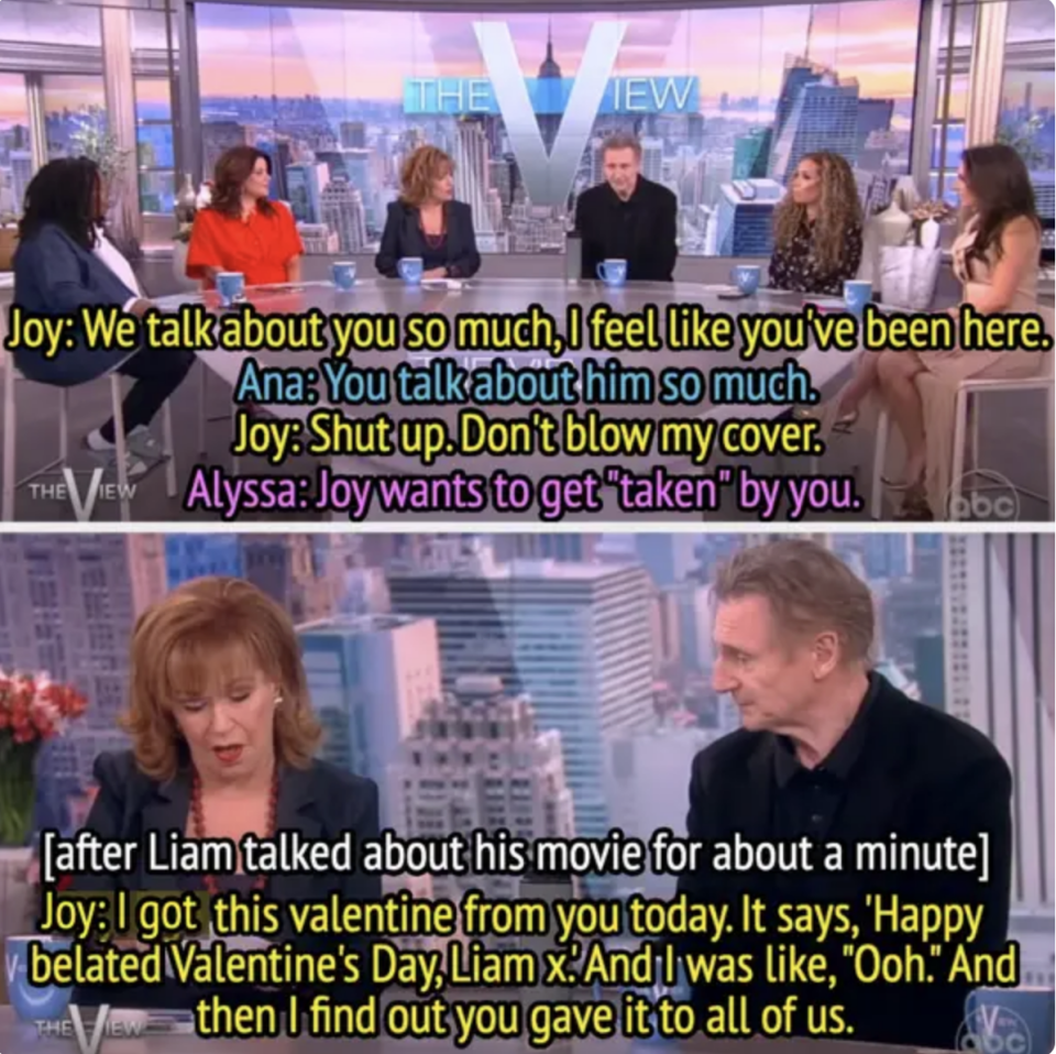 Joy and her co-hosts joke about her crush on Liam, and later, she says she was disappointed to find out his Valentine was a gift to all of them