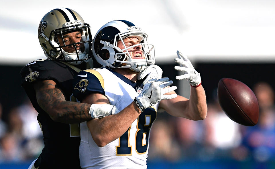 <p>New Orleans Saints cornerback P.J. Williams, left, breaks up a pass intended for Los Angeles Rams wide receiver Cooper Kupp (18) during the first half of an NFL football game Sunday, Nov. 26, 2017, in Los Angeles. (AP Photo/Kelvin Kuo) </p>