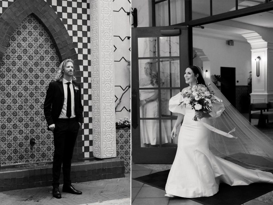 A side-by-side of a bride and groom seeing each other for their first look at their wedding.