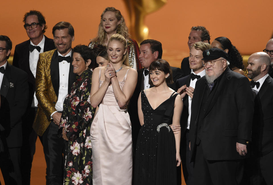 The cast and crew of "Game Of Thrones" accepts the award for outstanding drama series at the 71st Primetime Emmy Awards on Sunday, Sept. 22, 2019, at the Microsoft Theater in Los Angeles. (Photo by Chris Pizzello/Invision/AP)