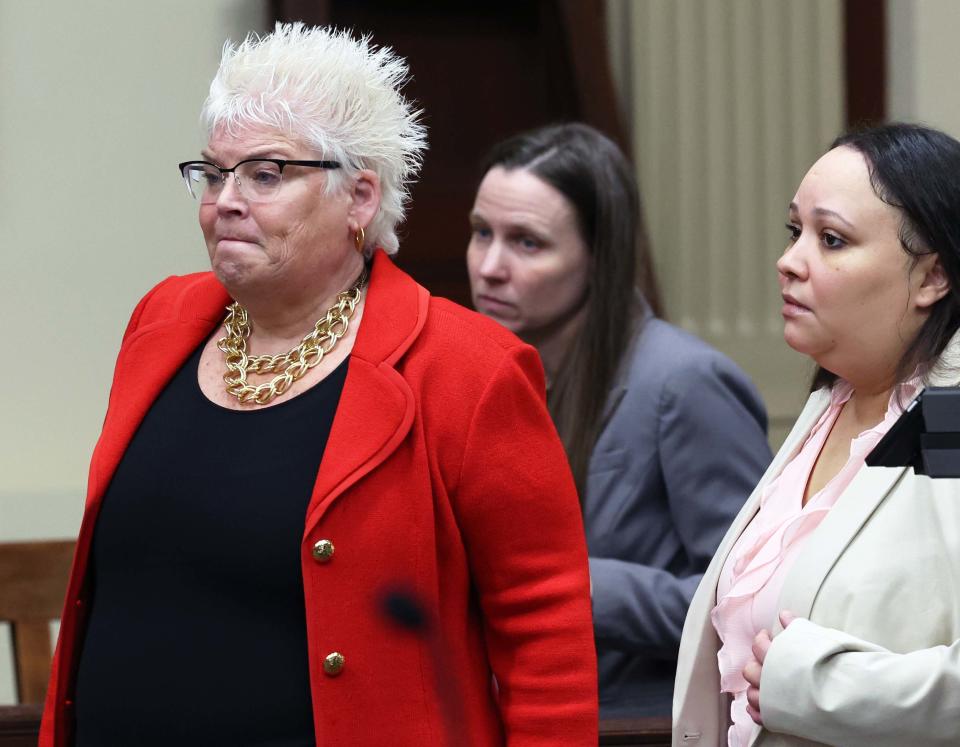 From left, defense lawyer Rosemary Scapicchio, Plymouth County prosecutor Amanda Fowle and defendant Jackie Mendes of Fall River in Brockton Superior Court at her jury trial on Monday, Dec. 4, 2023 in connection with an alleged fatal road rage stabbing in Brockton on June 28, 2019.
