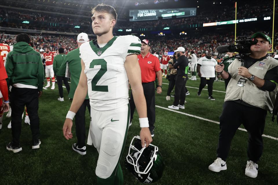 New York Jets quarterback Zach Wilson walks off the field after playing against the Kansas City Chiefs in East Rutherford, N.J. | Adam Hunger, Associated Press