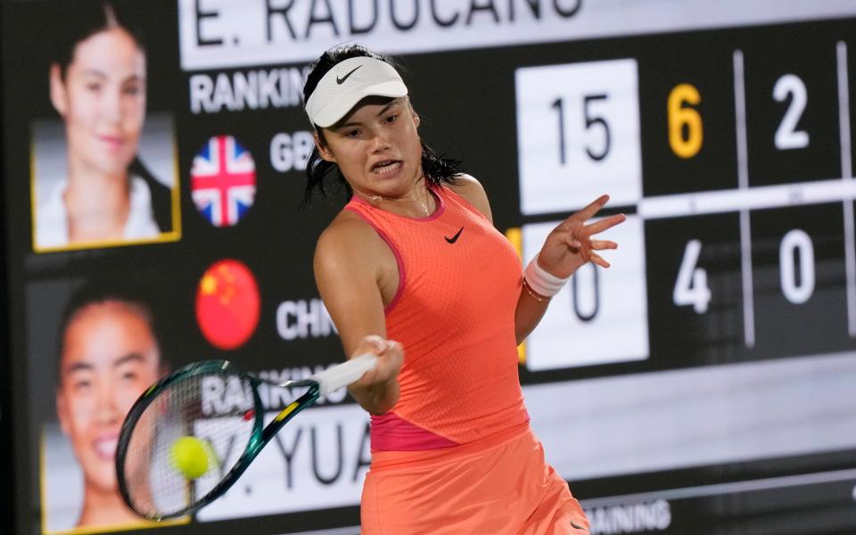 Emma Raducanu returns a shot to Yue Yuan of China, during her second round victory at the Korea Open, Seoul, South Korea, September 19, 2024