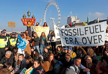 Environmental campaigners from the direct action group Rebellion demonstrate on Westminster Bridge in central London, Britain, November 17, 2018. REUTERS/Peter Nicholls