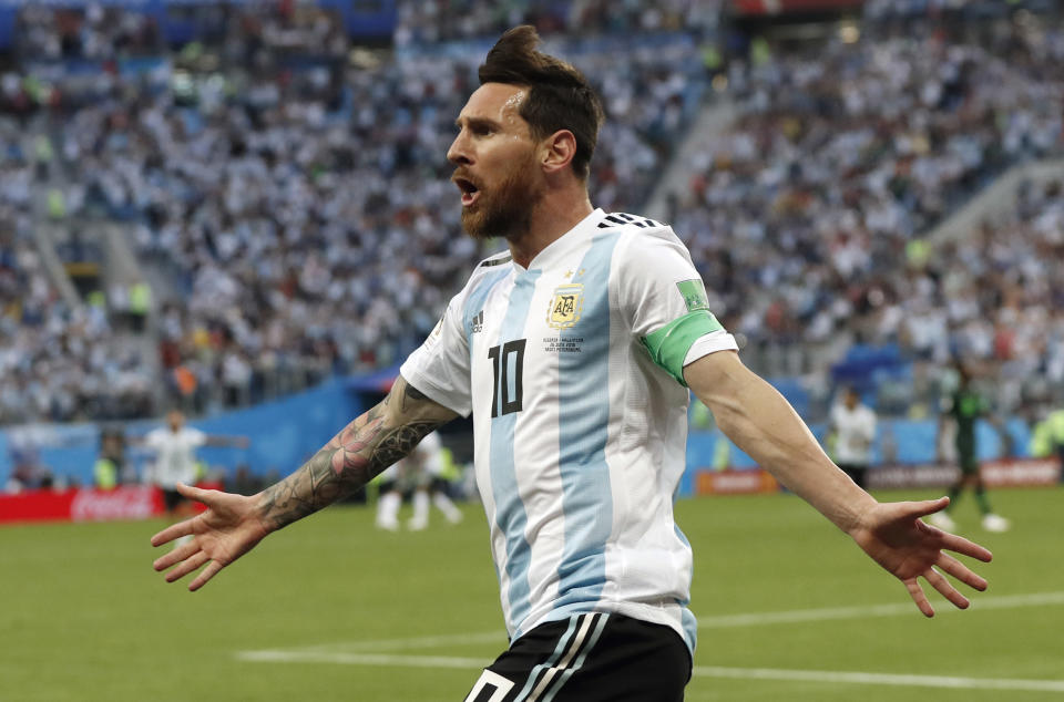 Argentina’s Lionel Messi celebrates after scoring against Nigeria