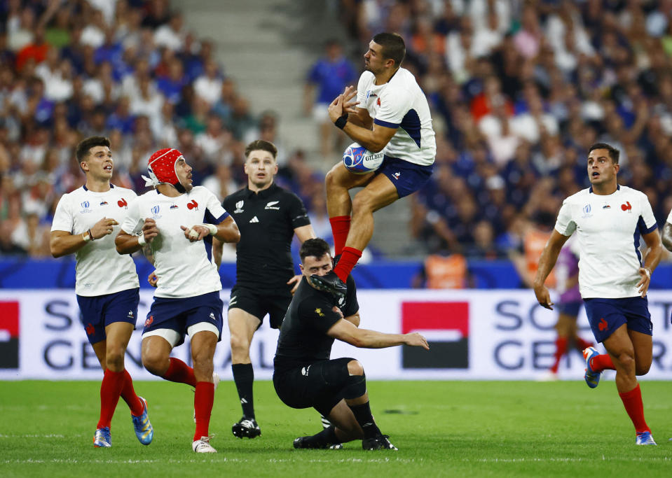 France's Thomas Ramos in action with New Zealand's Will Jordan as hosts start Rugby World Cup with stunning win in Paris (Reuters via Beat Media Group)