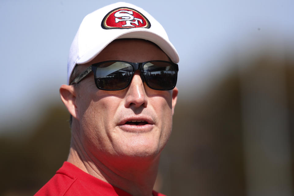 San Francisco 49ers general manager John Lynch address the fans at NFL football training camp in Santa Clara, Calif., Saturday, July 31, 2021. (AP Photo/Josie Lepe)