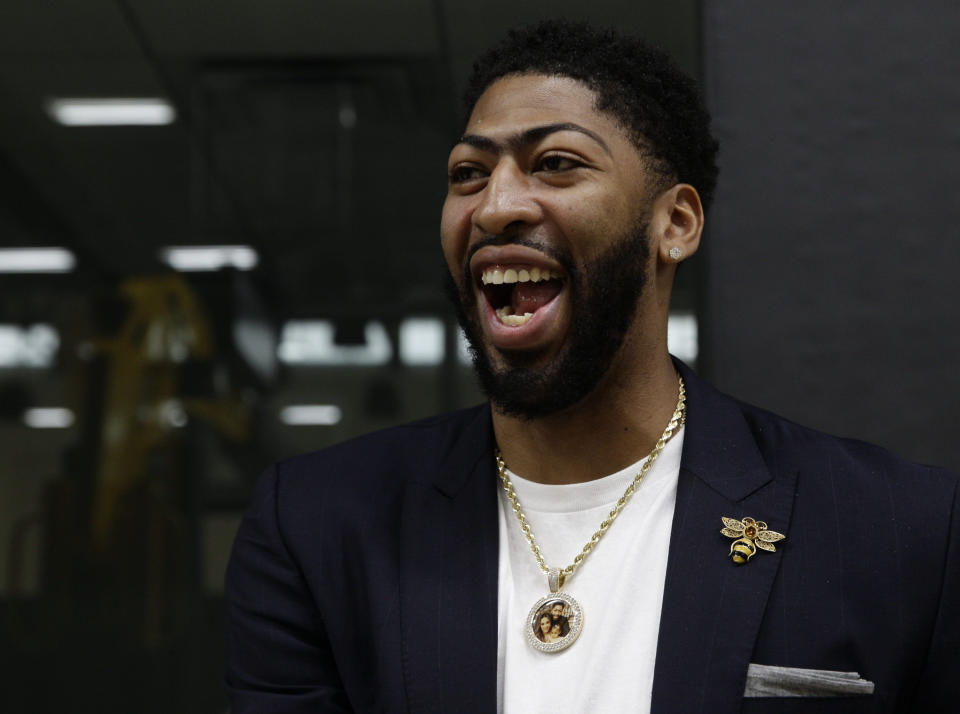 Los Angeles Lakers NBA basketball team introduce Anthony Davis at a news conference at the UCLA Health Training Center in El Segundo, Calif., Saturday, July 13, 2019 (AP Photo/Damian Dovarganes)