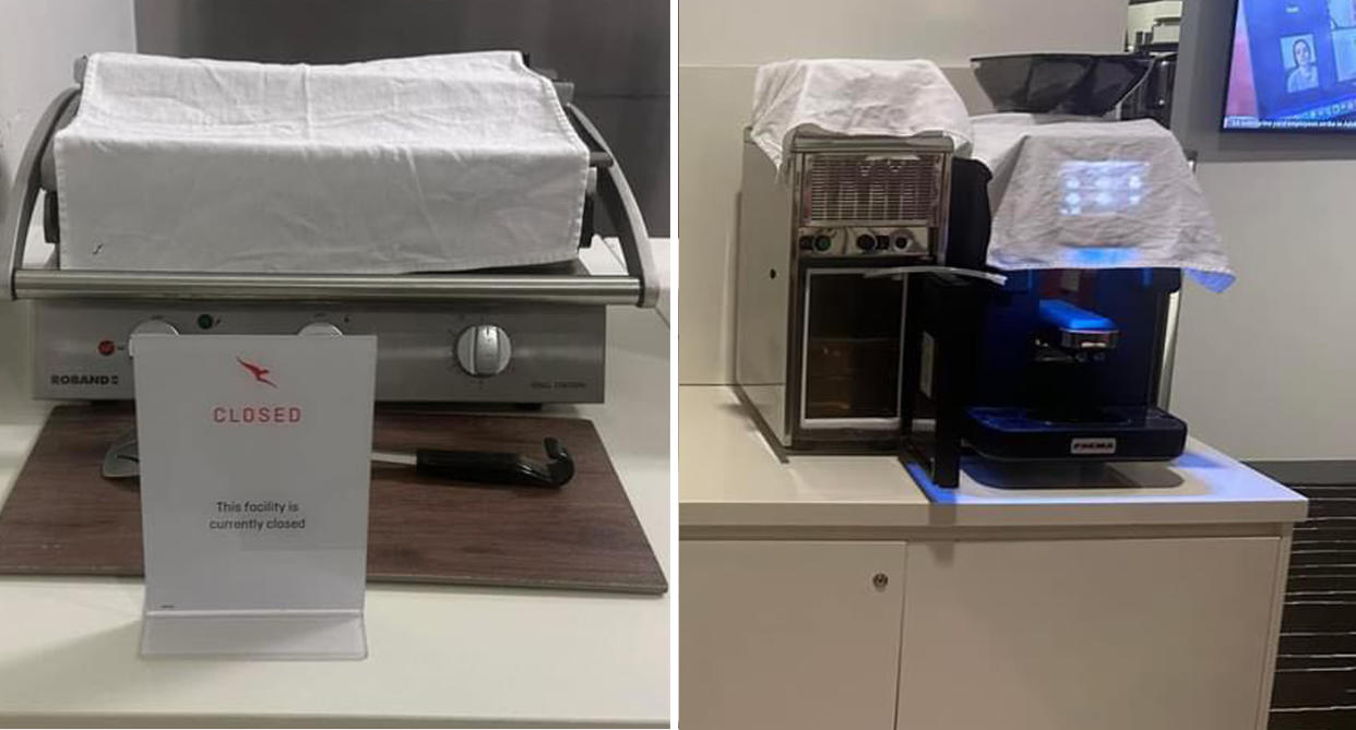 A coffee machine (right) and toasted sandwich maker (left) stations closed and covered at the Cairns Qantas club