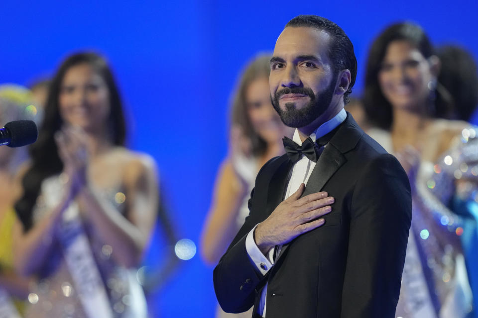 El Salvador's President Nayib Bukele attends the 72nd Miss Universe Beauty Pageant in San Salvador, El Salvador, Saturday, Nov. 18, 2023. (AP Photo/Moises Castillo)