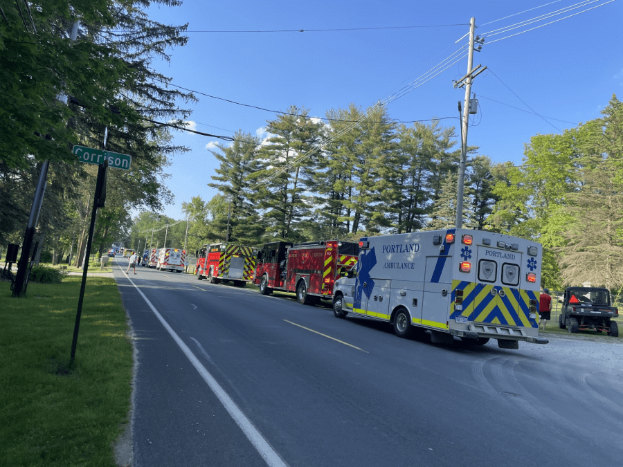 At least a dozen first responder vehicles were on scene at Corrison and Wacousta roads in Watertown Twp., Saturday, May 18. (WLNS)