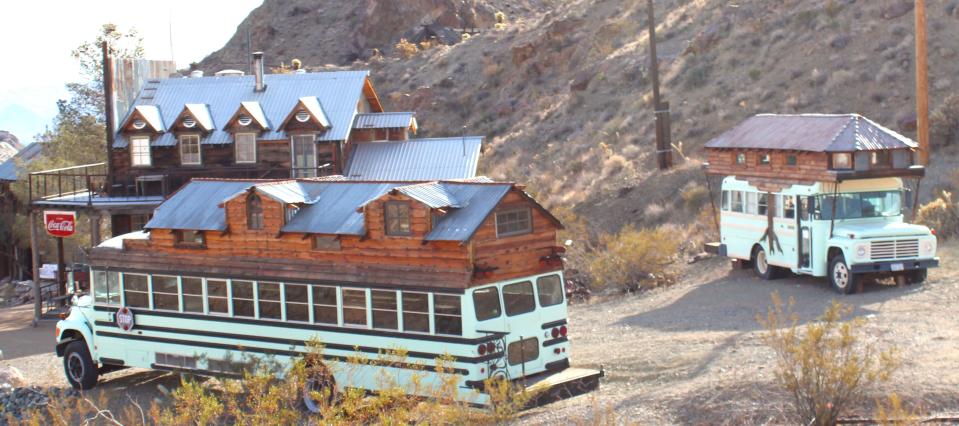 A must see for any visitor to the ghost town of Nelson, Nevada, as seen on 01/06/24. School buses converted into rolling homes.