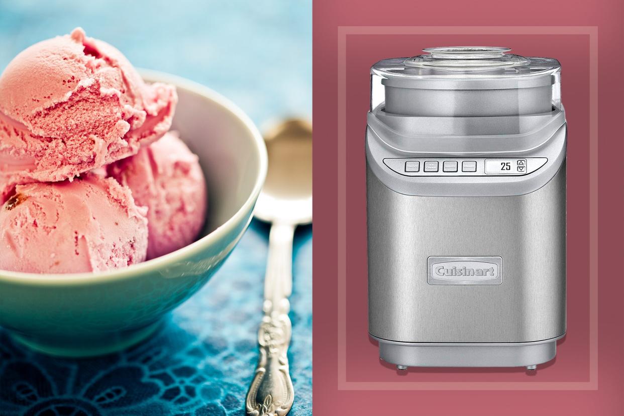 ice cream maker and a bowl of strawberry ice cream