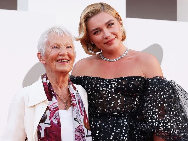 <p>Stefania D'Alessandro/WireImage</p> Florence Pugh and her grandmother attend the "Don't Worry Darling" red carpet at the 79th Venice International Film Festival on September 05, 2022.
