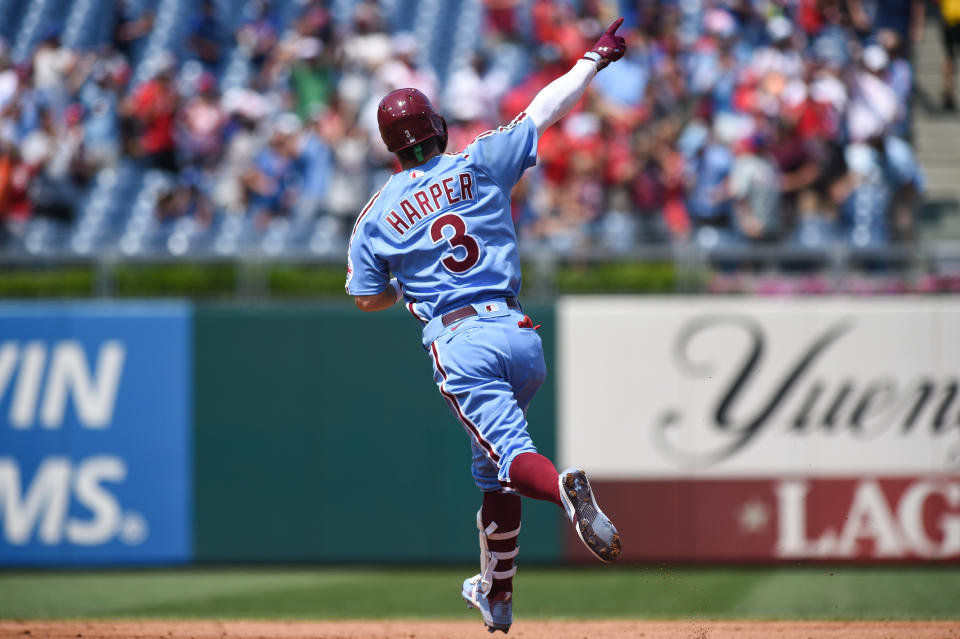 PHILADELPHIA, PA - AUGUST 12: Bryce Harper #3 of the Philadelphia Phillies rounds the bases after hitting a solo home run against the Los Angeles Dodgers in the first inning at Citizens Bank Park on August 12, 2021 in Philadelphia, Pennsylvania. (Photo by Cody Glenn/Getty Images)